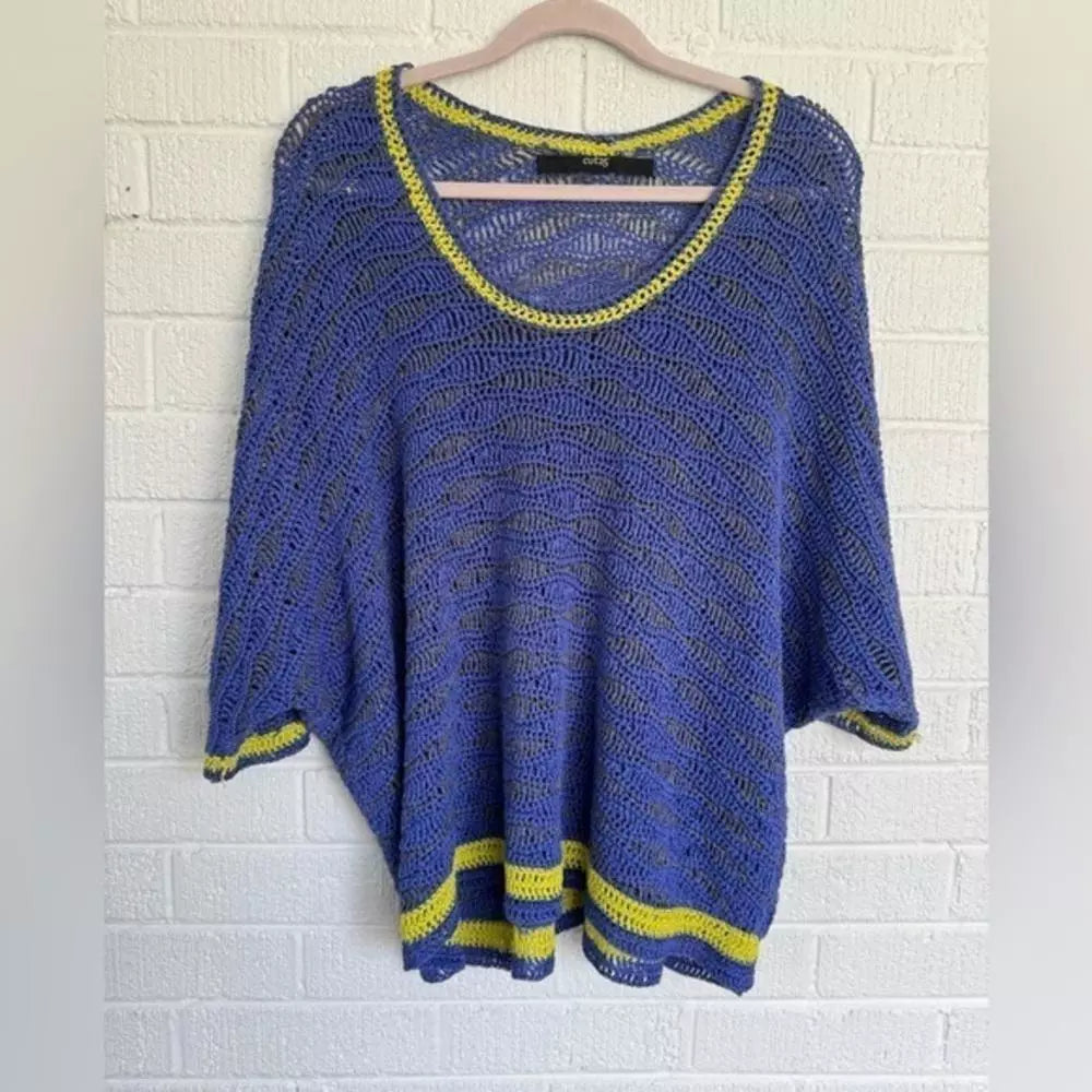 Stylish Blue and Yellow Crochet Poncho Cut 25