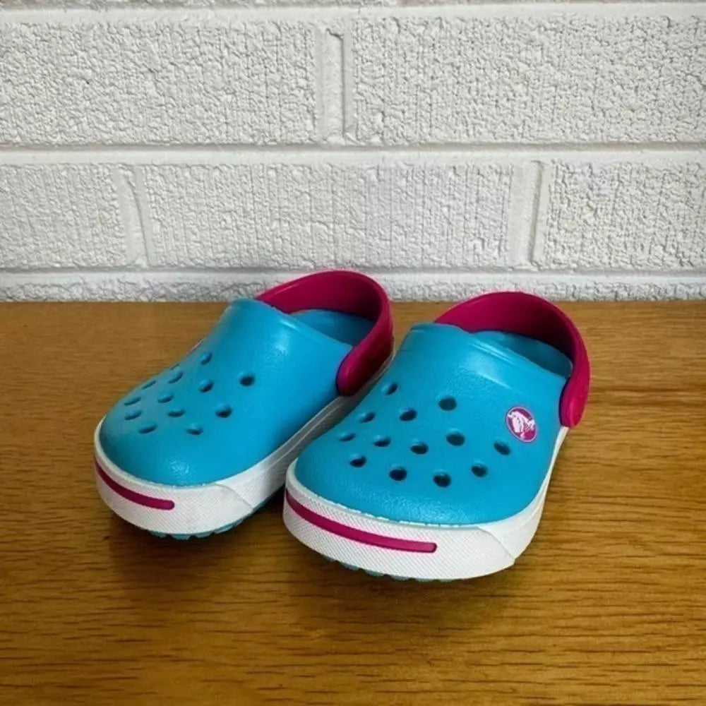 Bright Blue Crocs with Pink Accents - Comfortable Waterproof Clogs