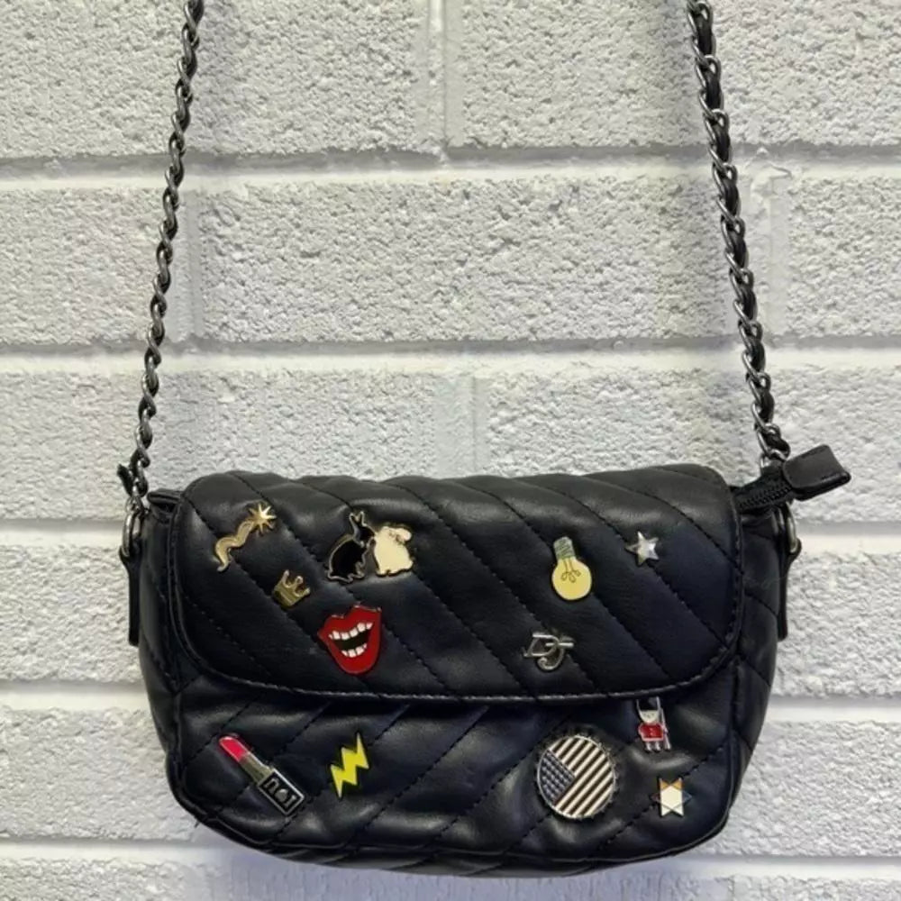 Quilted Black Crossbody Bag with Fun Pins David Jones