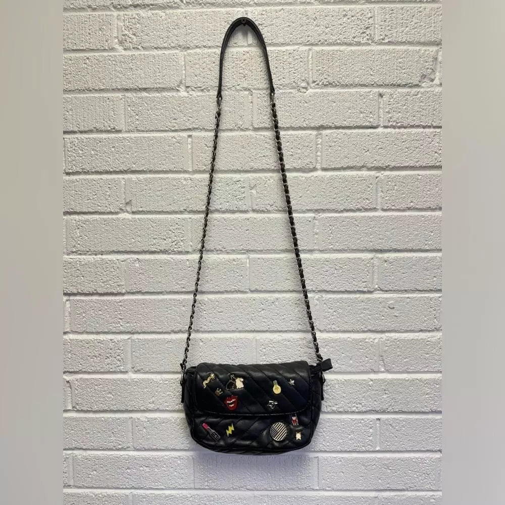 Quilted Black Crossbody Bag with Fun Pins David Jones