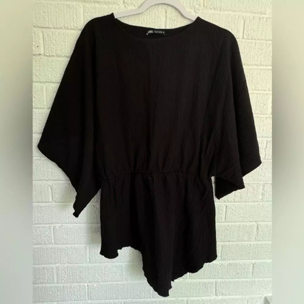ZARA Black Textured Puff Sleeve Top - Stylish and Comfortable Large