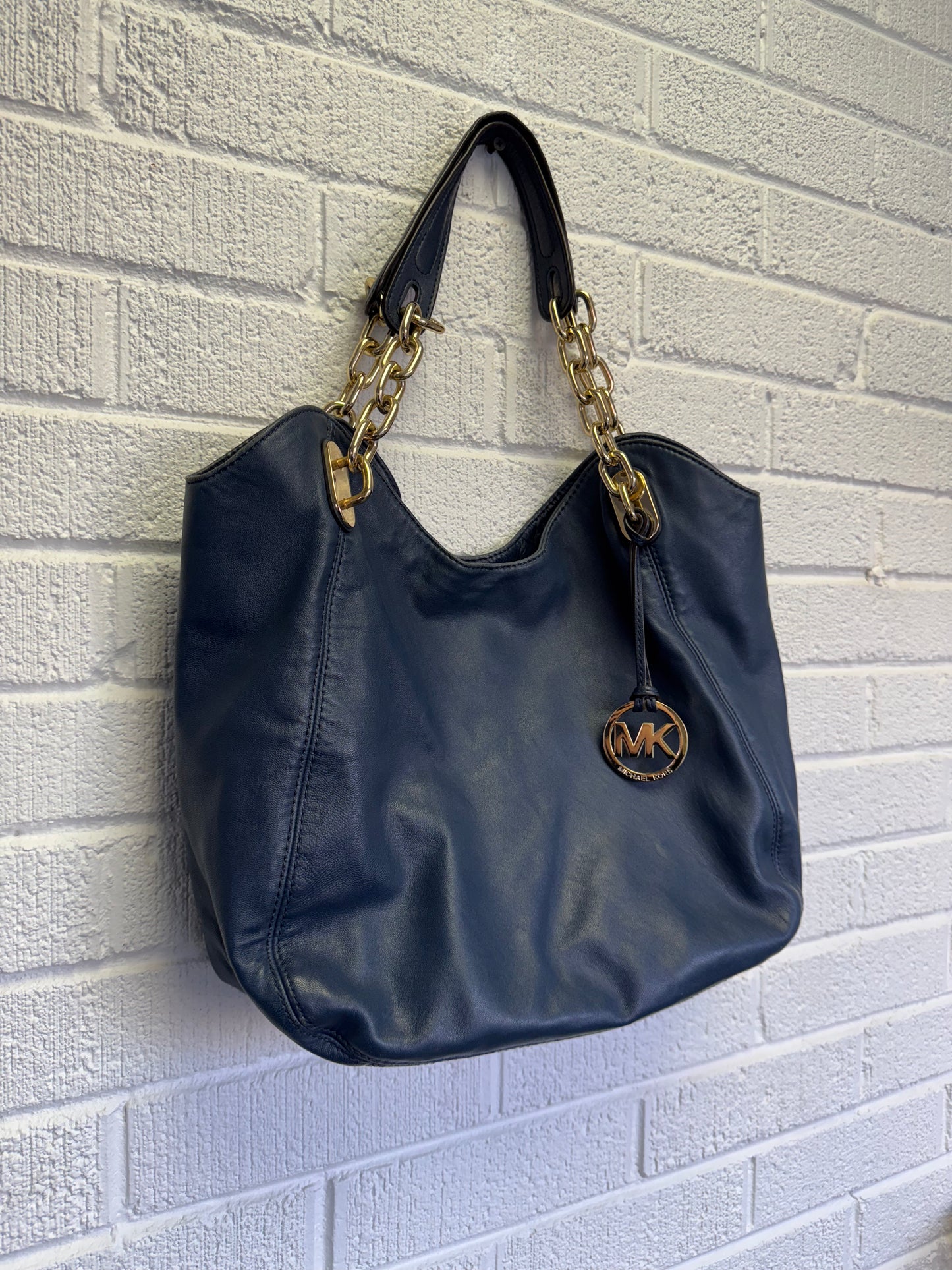 MICHAEL Michael Kors Lilly Tote Navy Blue Leather Shoulder Bag Gold Hardware