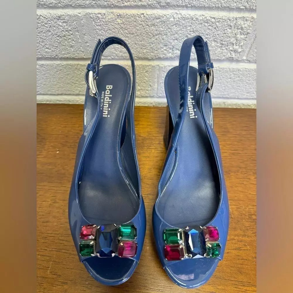 Baldinini Blue Slingback Platform Heels with Colorful Gems