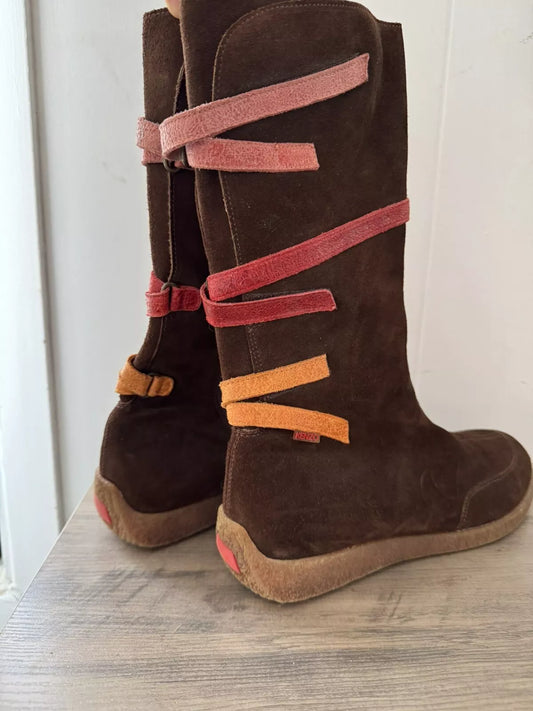KENZO Below Knee Boots Brown Pink Suede Leather Size 40