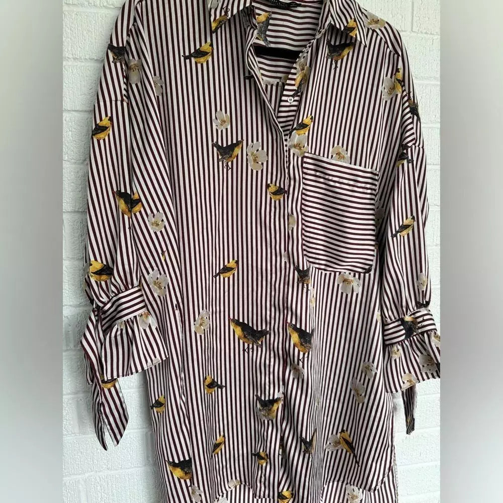 Chic Striped Button-Up Shirt with Bird Print ZARA Small