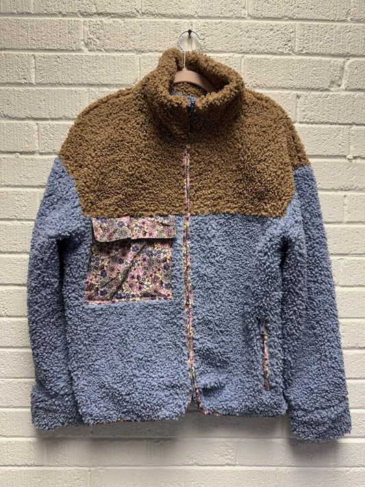 FOR LOVE & LEMONS Sherpa Fleece Jacket Blue Brown Floral Pattern Full Zip M