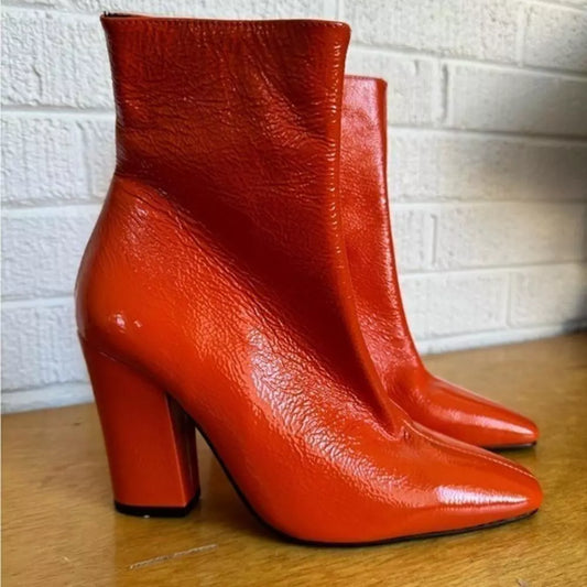 Trendy Orange Chunky Heeled Ankle Boots,  Orange L’Intervalle Leather Size 37