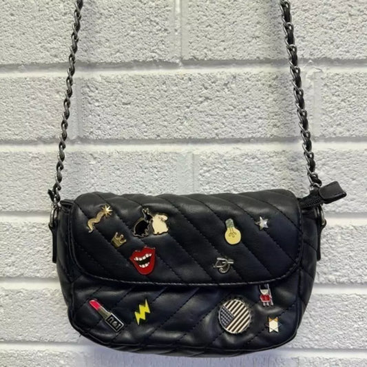 Quilted Black Crossbody Bag with Fun Pins David Jones