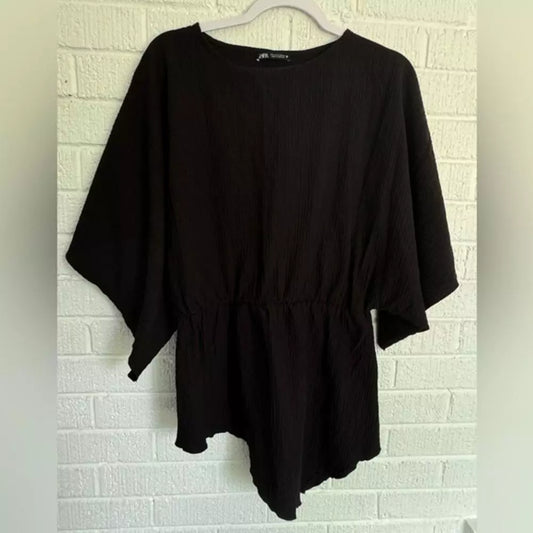 ZARA Black Textured Puff Sleeve Top - Stylish and Comfortable Large